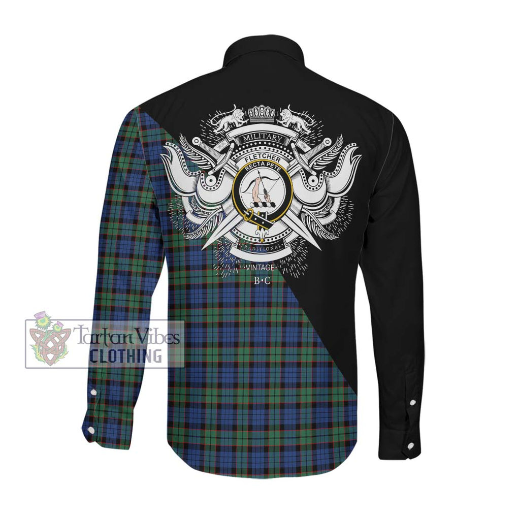 Fletcher Ancient Tartan Long Sleeve Button Shirt with Family Crest and Military Logo Style Men's Shirt - Tartanvibesclothing Shop