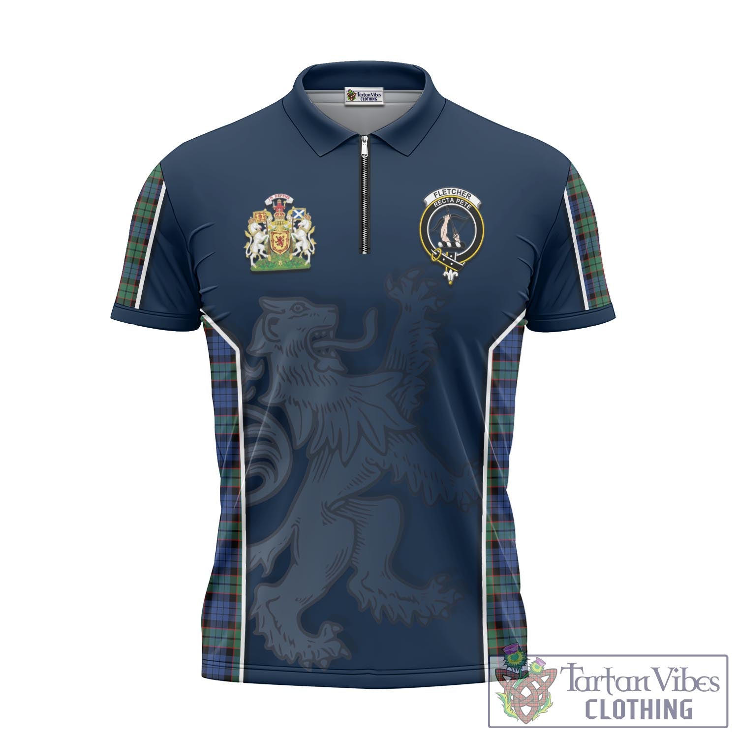 Tartan Vibes Clothing Fletcher Ancient Tartan Zipper Polo Shirt with Family Crest and Lion Rampant Vibes Sport Style