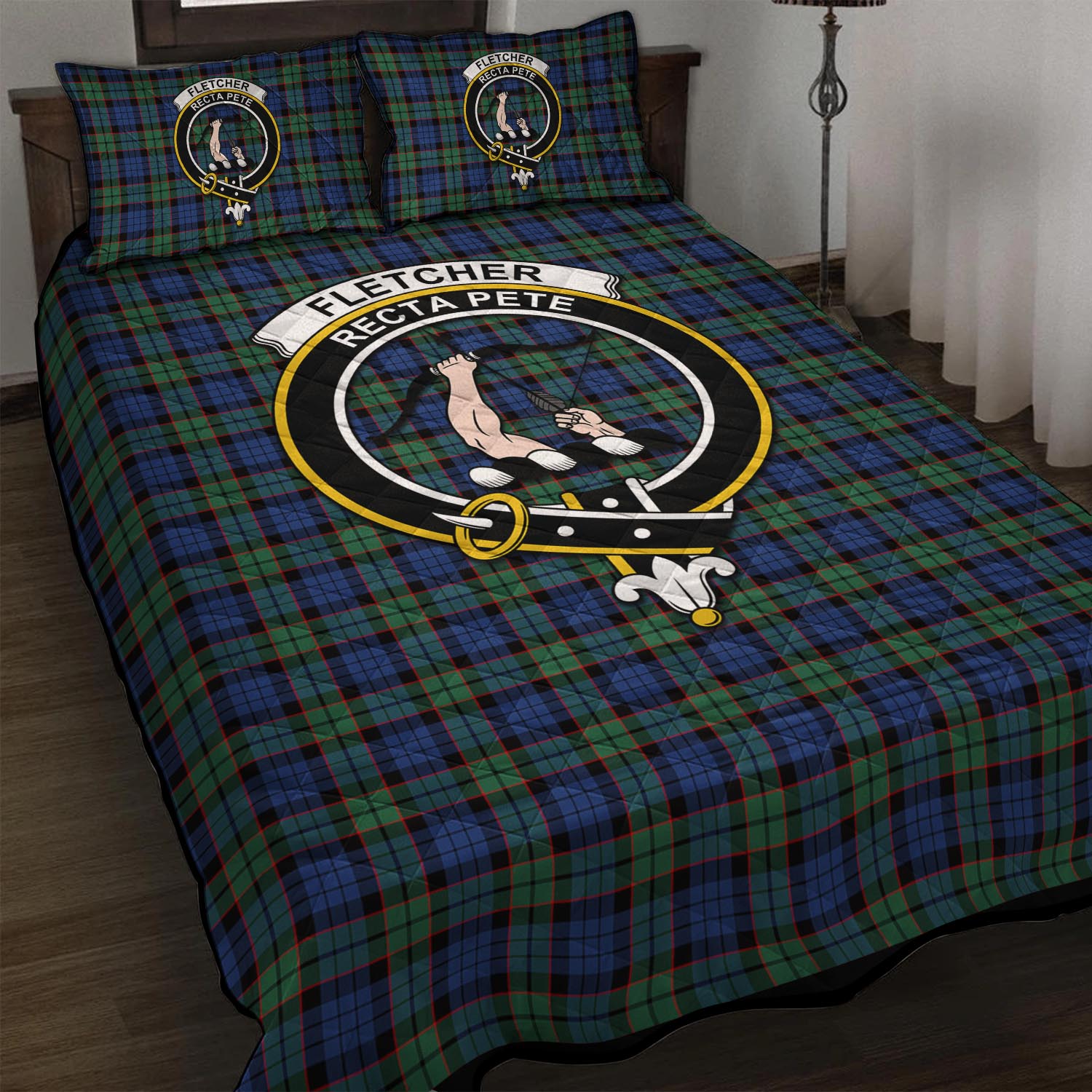 Fletcher Ancient Tartan Quilt Bed Set with Family Crest - Tartan Vibes Clothing