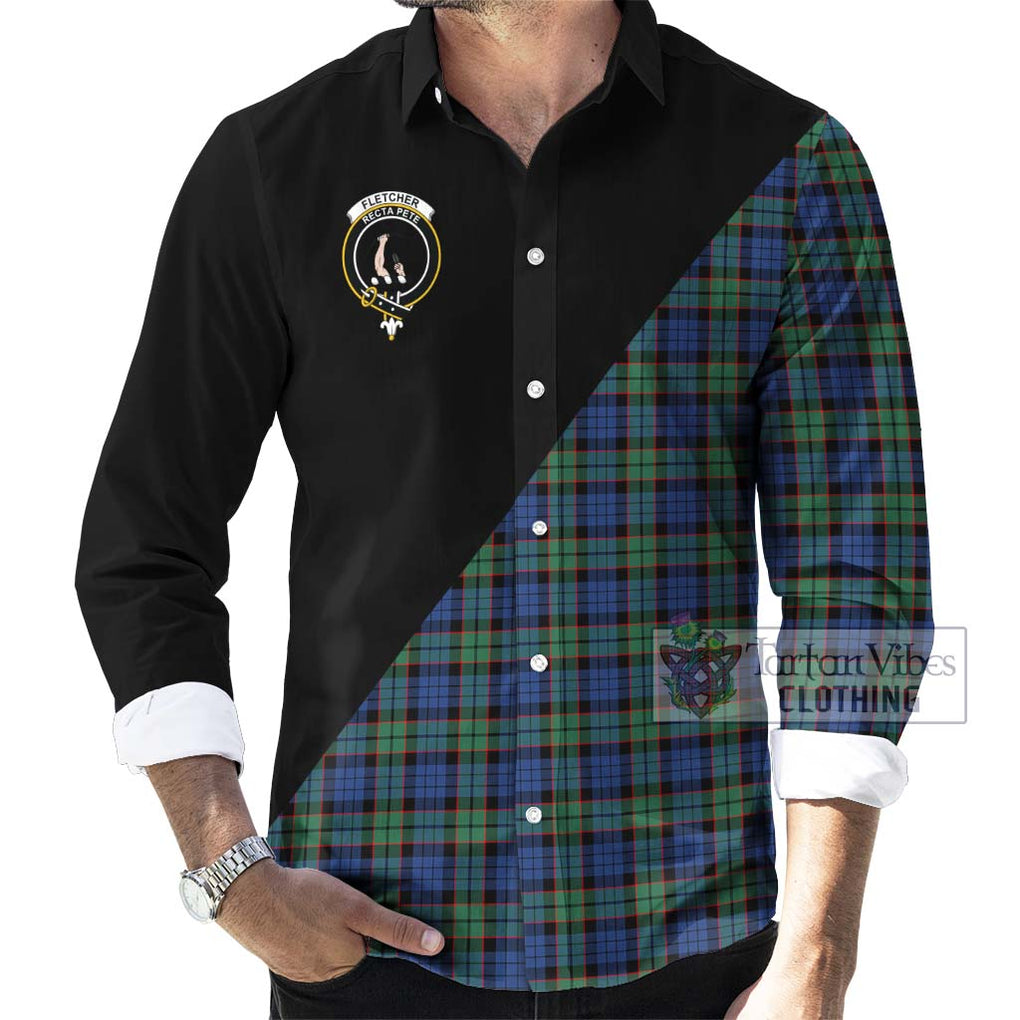 Fletcher Ancient Tartan Long Sleeve Button Shirt with Family Crest and Military Logo Style - Tartanvibesclothing Shop