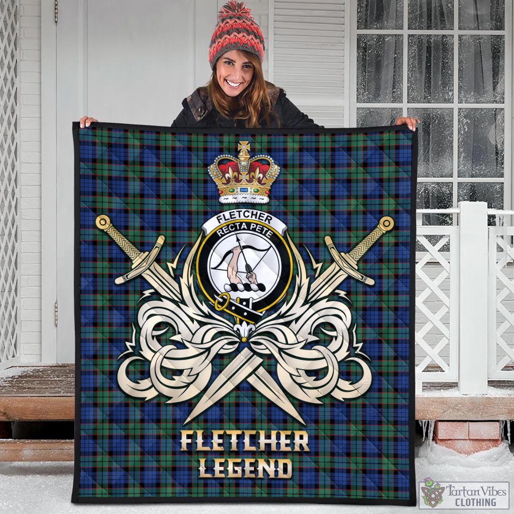 Tartan Vibes Clothing Fletcher Ancient Tartan Quilt with Clan Crest and the Golden Sword of Courageous Legacy