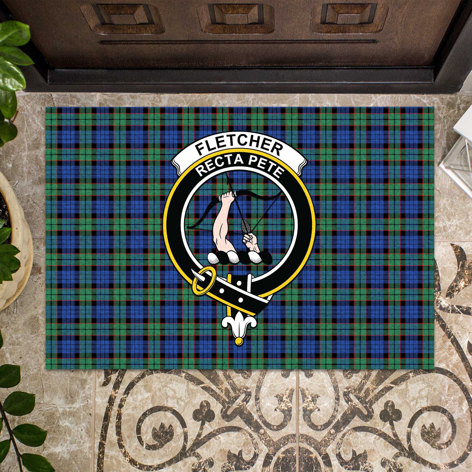 Fletcher Ancient Tartan Door Mat with Family Crest - Tartanvibesclothing