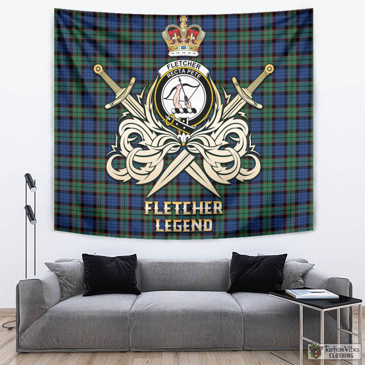 Tartan Vibes Clothing Fletcher Ancient Tartan Tapestry with Clan Crest and the Golden Sword of Courageous Legacy