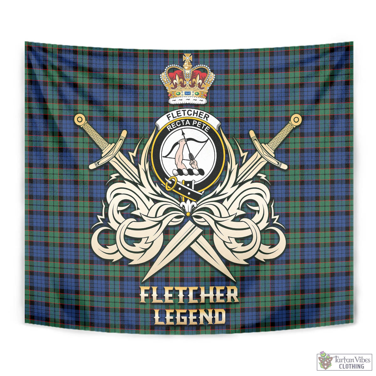 Tartan Vibes Clothing Fletcher Ancient Tartan Tapestry with Clan Crest and the Golden Sword of Courageous Legacy