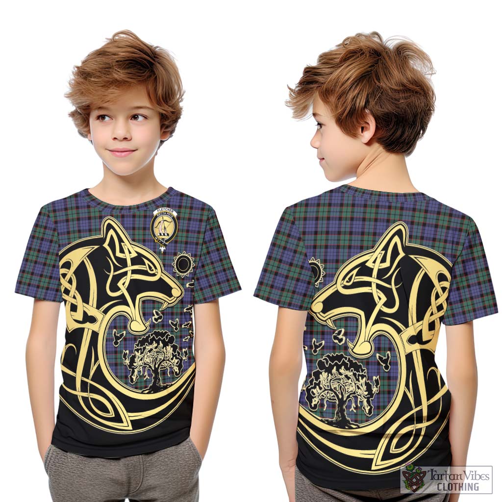 Tartan Vibes Clothing Fletcher Modern Tartan Kid T-Shirt with Family Crest Celtic Wolf Style