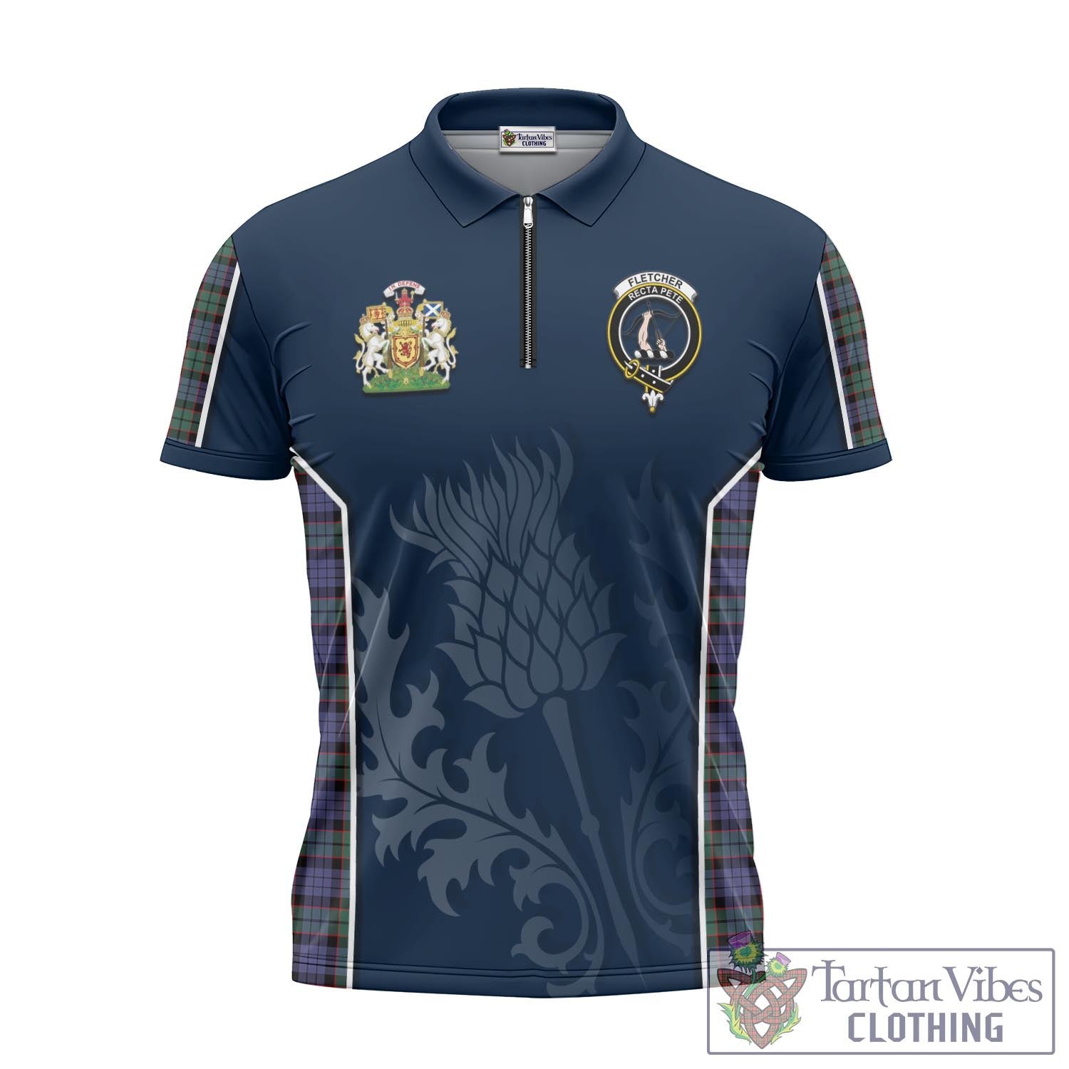 Tartan Vibes Clothing Fletcher Modern Tartan Zipper Polo Shirt with Family Crest and Scottish Thistle Vibes Sport Style