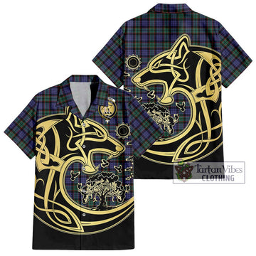 Fletcher Modern Tartan Short Sleeve Button Shirt with Family Crest Celtic Wolf Style