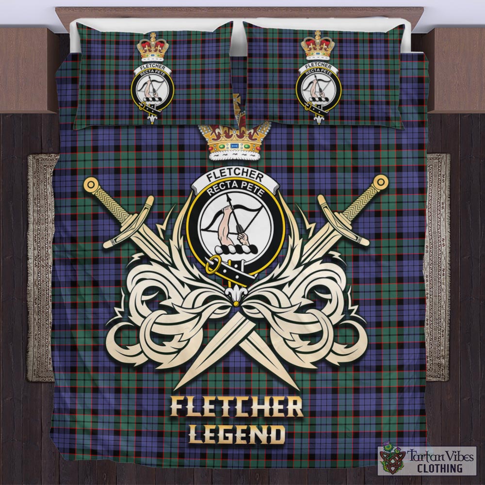 Tartan Vibes Clothing Fletcher Modern Tartan Bedding Set with Clan Crest and the Golden Sword of Courageous Legacy