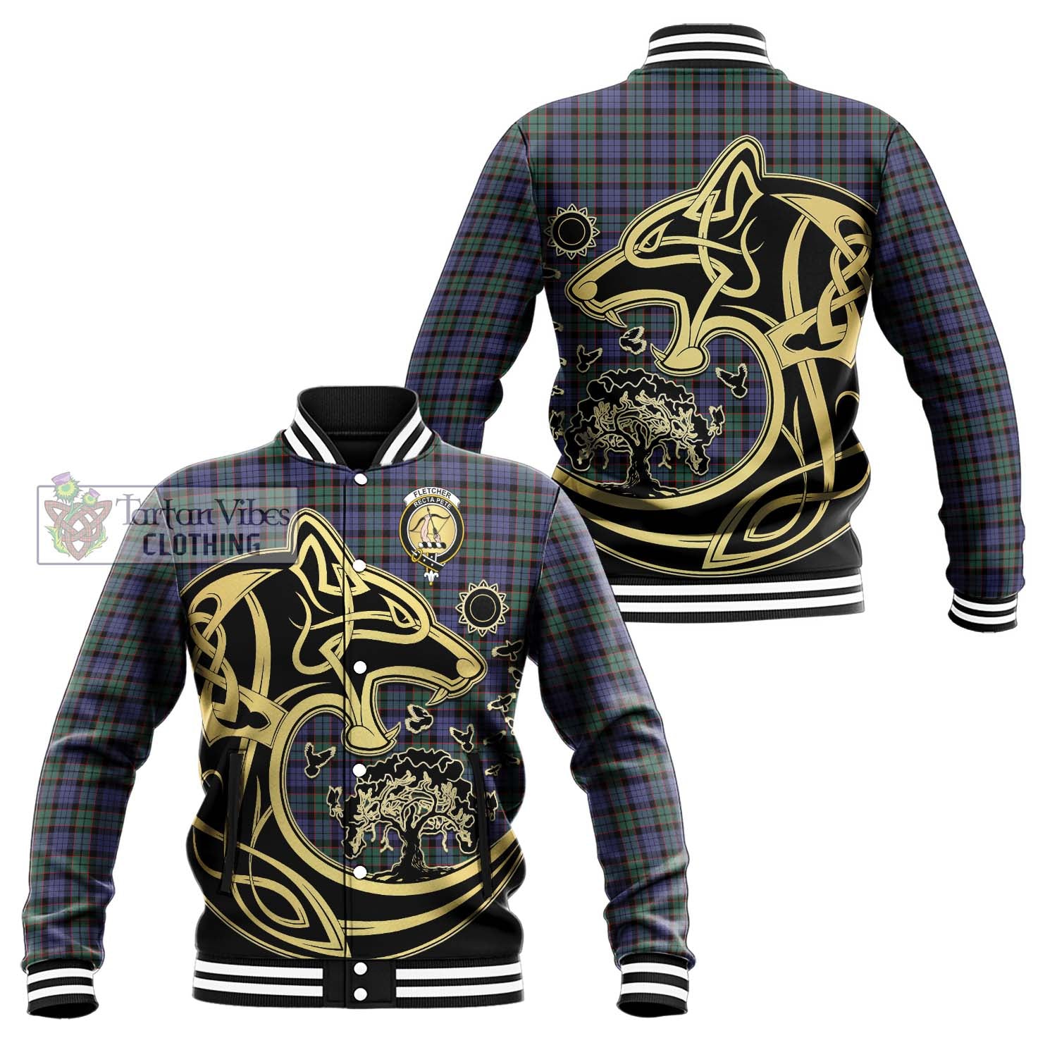 Tartan Vibes Clothing Fletcher Modern Tartan Baseball Jacket with Family Crest Celtic Wolf Style