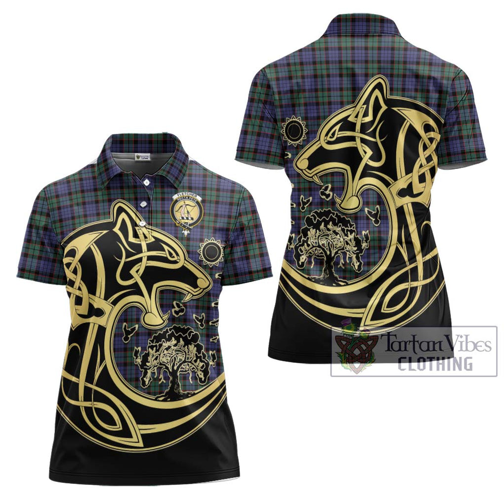 Fletcher Modern Tartan Women's Polo Shirt with Family Crest Celtic Wolf Style Women - Tartanvibesclothing Shop