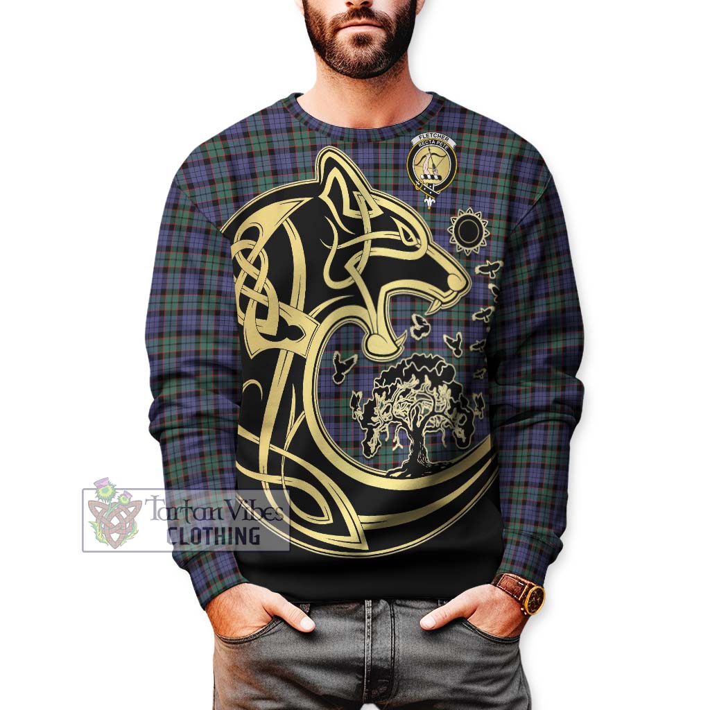 Tartan Vibes Clothing Fletcher Modern Tartan Sweatshirt with Family Crest Celtic Wolf Style