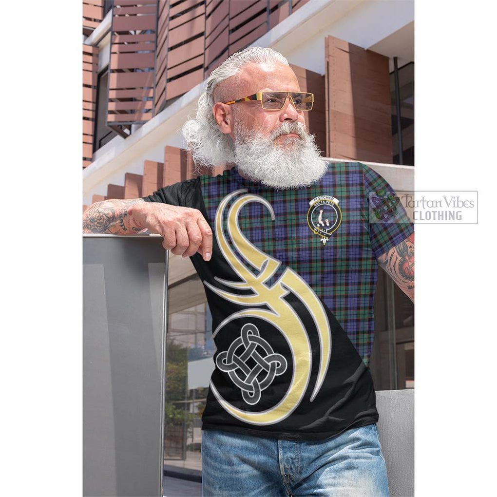 Tartan Vibes Clothing Fletcher Modern Tartan Cotton T-shirt with Family Crest and Celtic Symbol Style