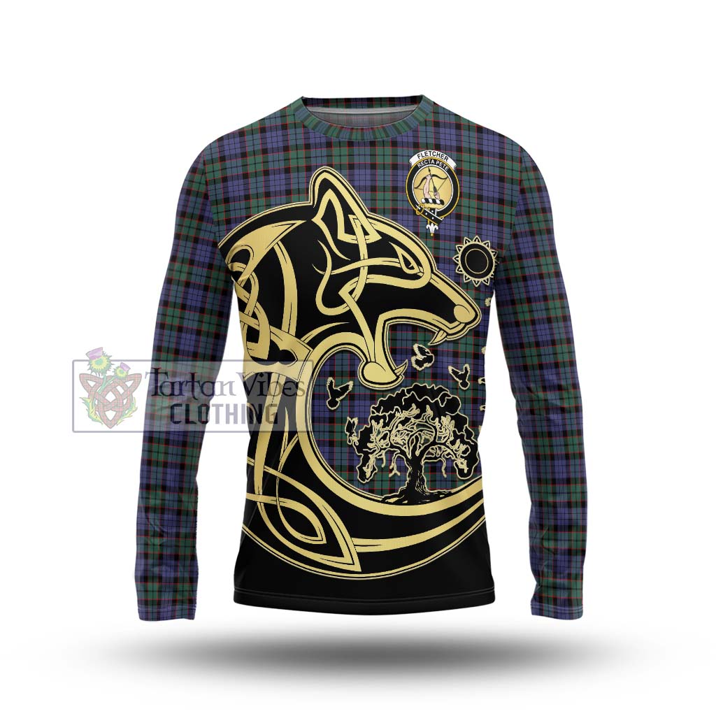 Tartan Vibes Clothing Fletcher Modern Tartan Long Sleeve T-Shirt with Family Crest Celtic Wolf Style