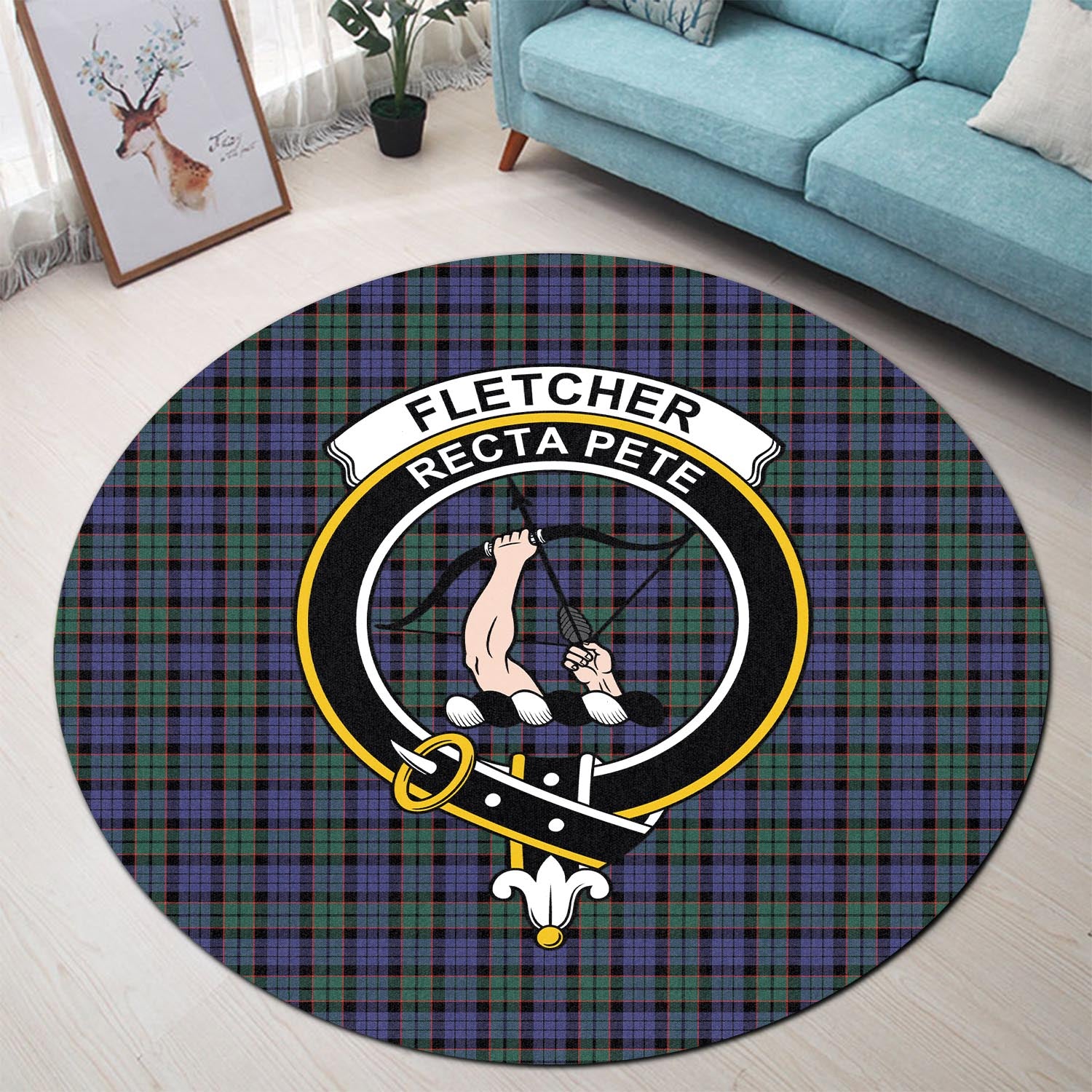 Fletcher Modern Tartan Round Rug with Family Crest - Tartanvibesclothing