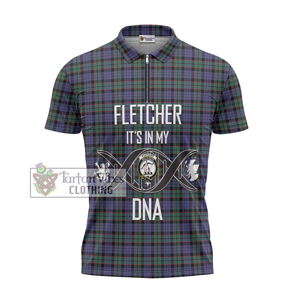 Fletcher Modern Tartan Zipper Polo Shirt with Family Crest DNA In Me Style - Tartanvibesclothing Shop