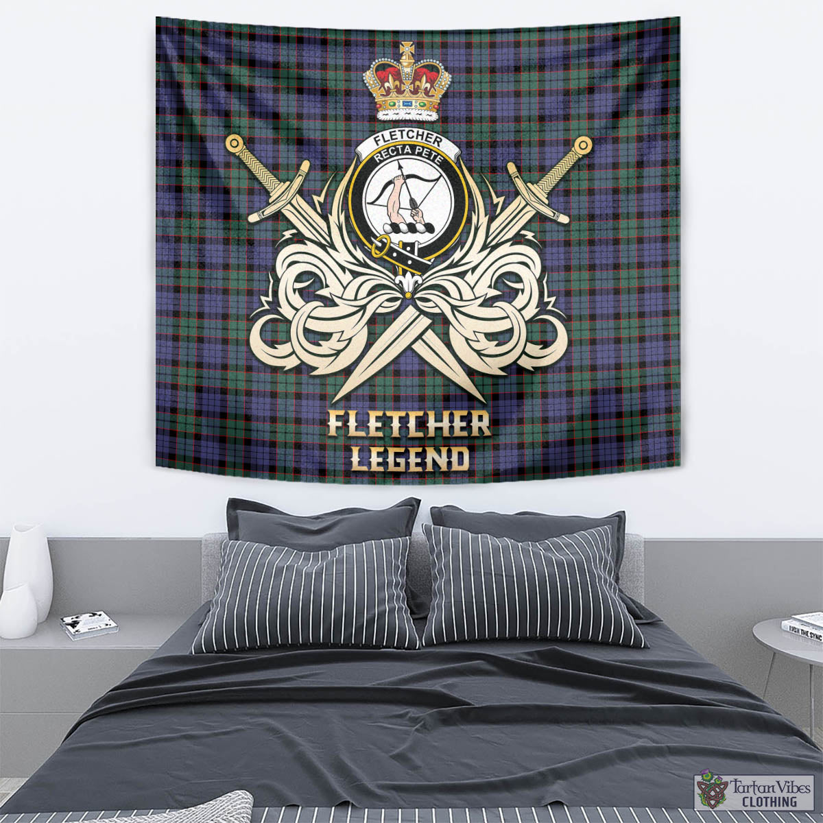 Tartan Vibes Clothing Fletcher Modern Tartan Tapestry with Clan Crest and the Golden Sword of Courageous Legacy