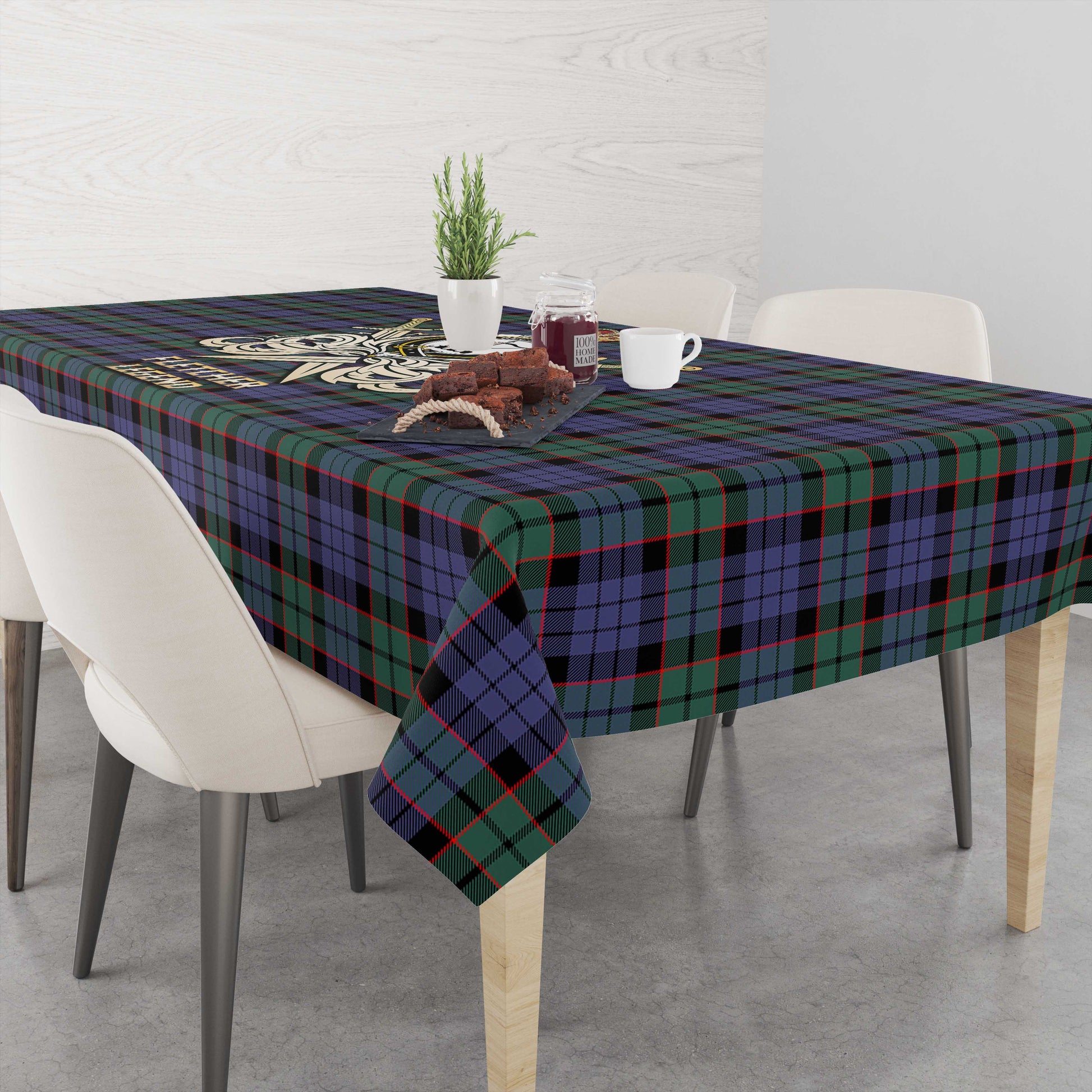 Tartan Vibes Clothing Fletcher Modern Tartan Tablecloth with Clan Crest and the Golden Sword of Courageous Legacy