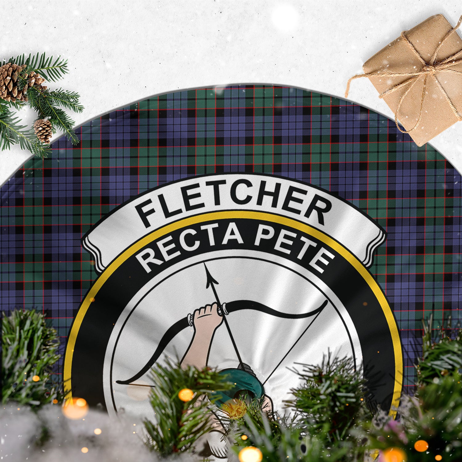 Fletcher Modern Tartan Christmas Tree Skirt with Family Crest - Tartanvibesclothing