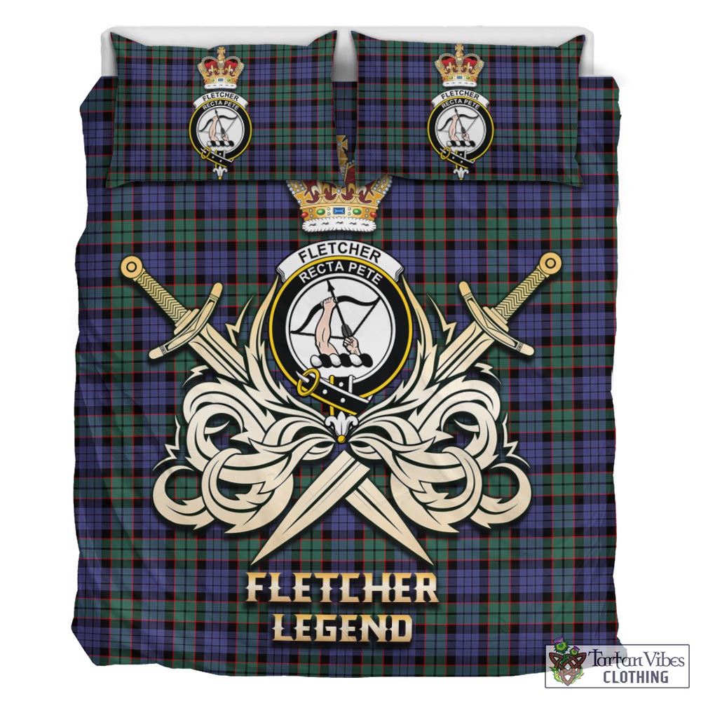 Tartan Vibes Clothing Fletcher Modern Tartan Bedding Set with Clan Crest and the Golden Sword of Courageous Legacy