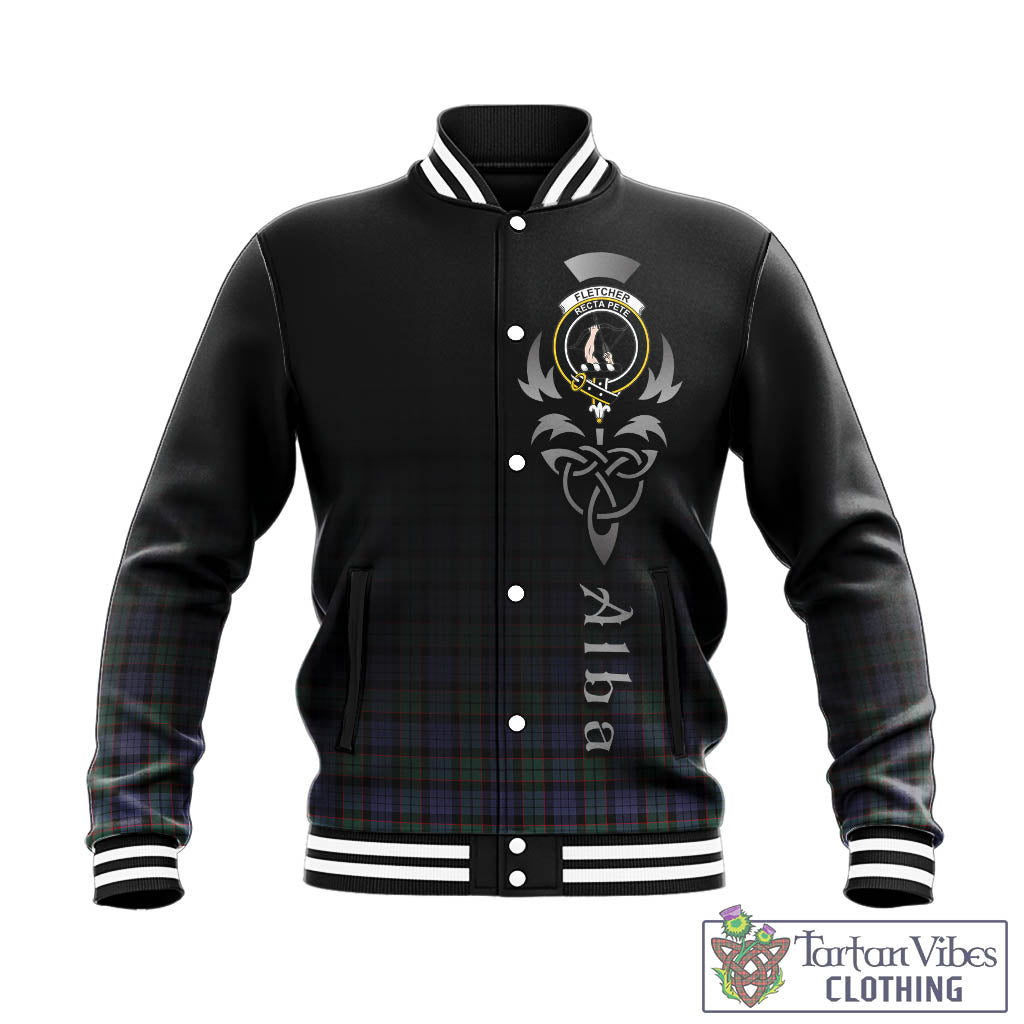Tartan Vibes Clothing Fletcher Modern Tartan Baseball Jacket Featuring Alba Gu Brath Family Crest Celtic Inspired