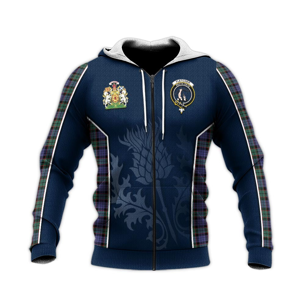Tartan Vibes Clothing Fletcher Modern Tartan Knitted Hoodie with Family Crest and Scottish Thistle Vibes Sport Style