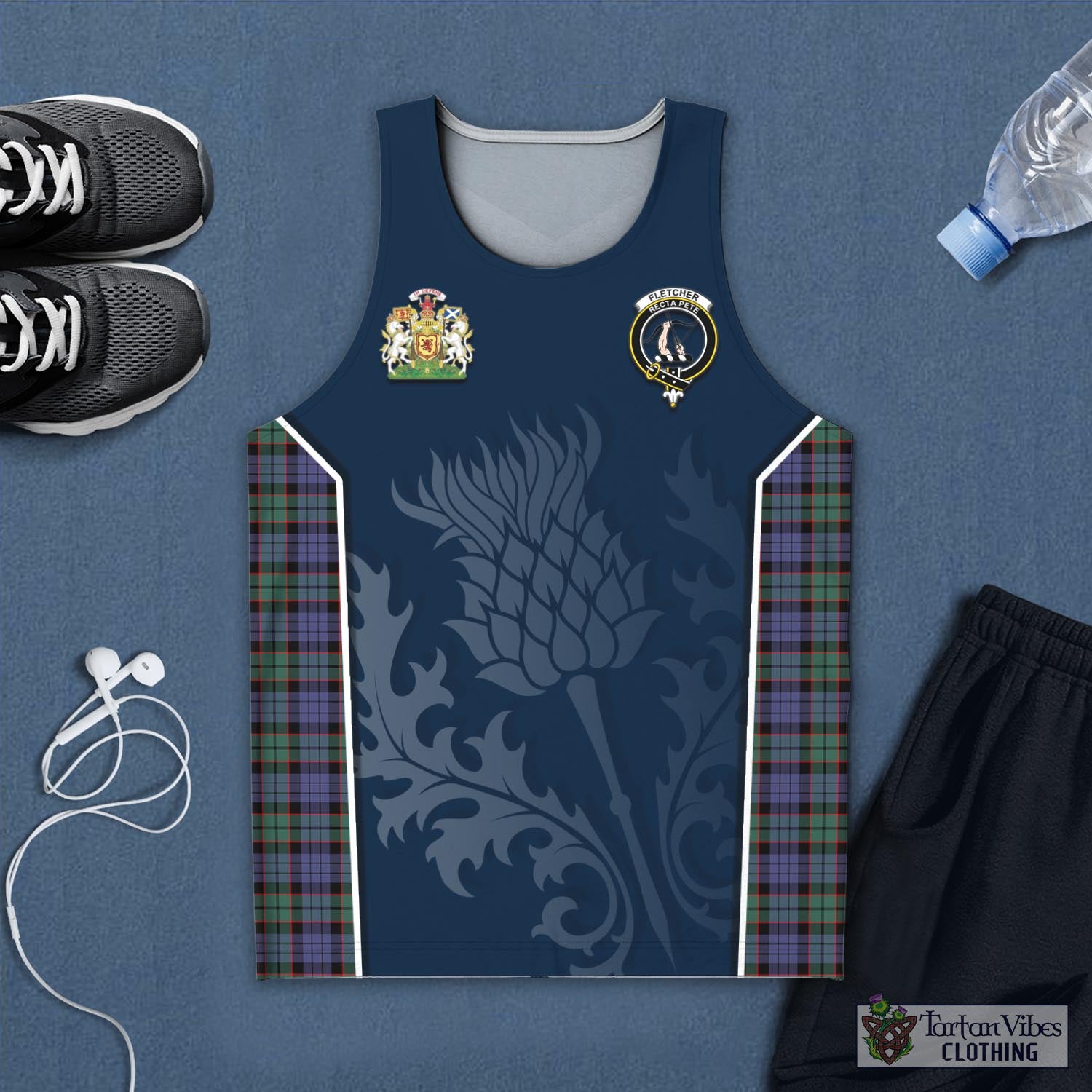 Tartan Vibes Clothing Fletcher Modern Tartan Men's Tanks Top with Family Crest and Scottish Thistle Vibes Sport Style