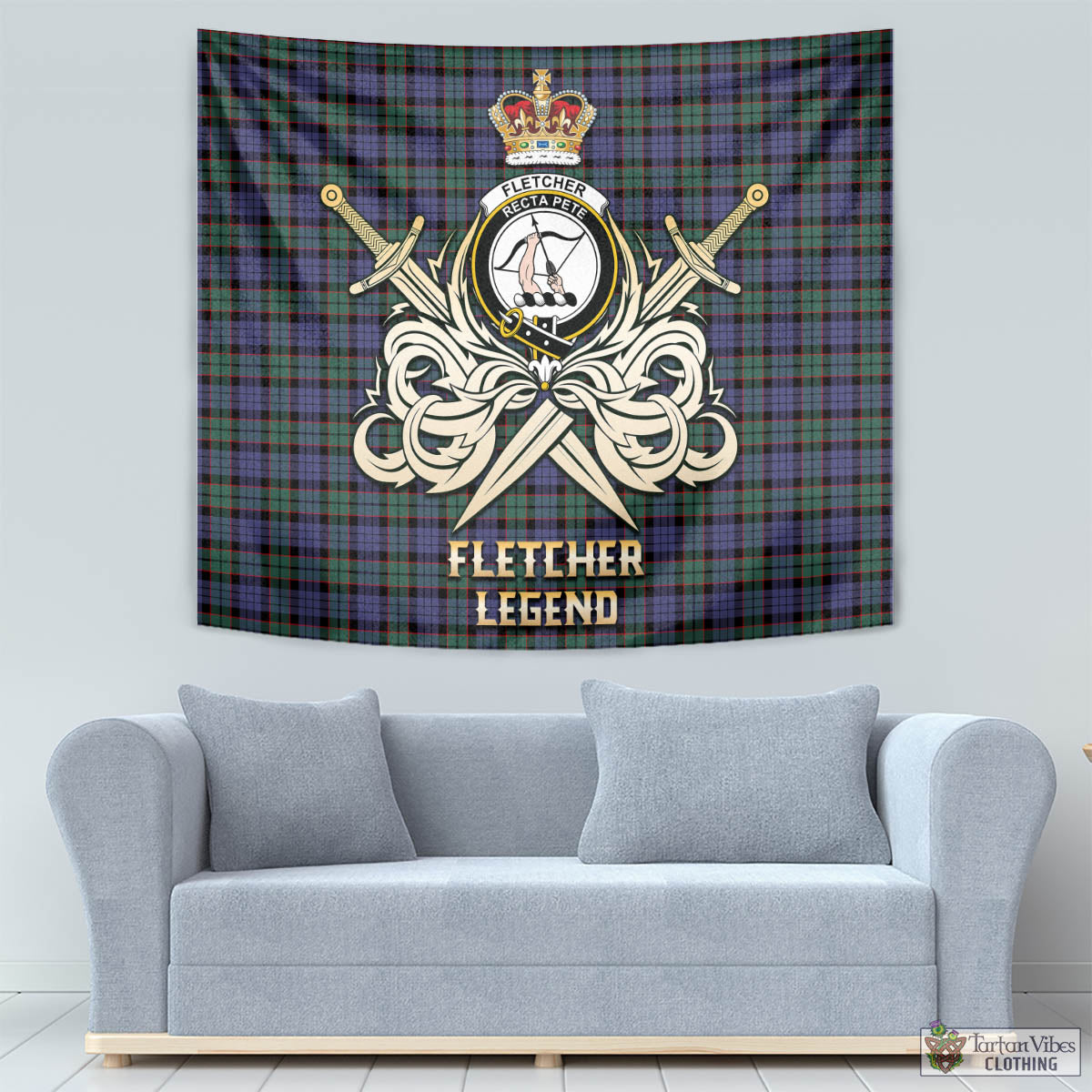 Tartan Vibes Clothing Fletcher Modern Tartan Tapestry with Clan Crest and the Golden Sword of Courageous Legacy
