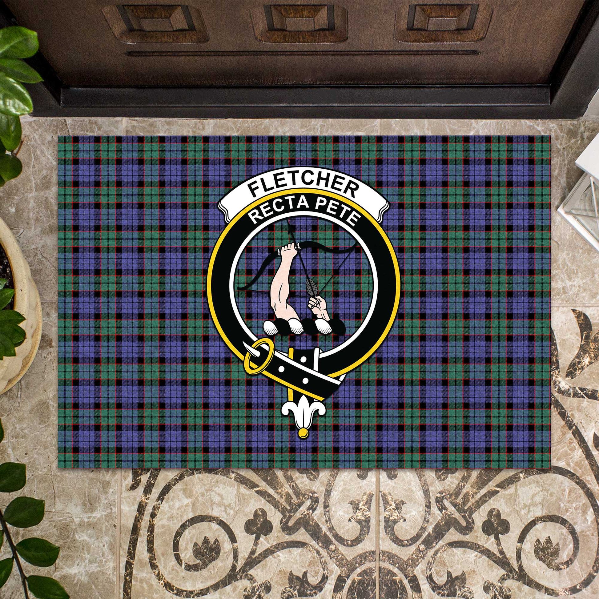 Fletcher Modern Tartan Door Mat with Family Crest - Tartanvibesclothing