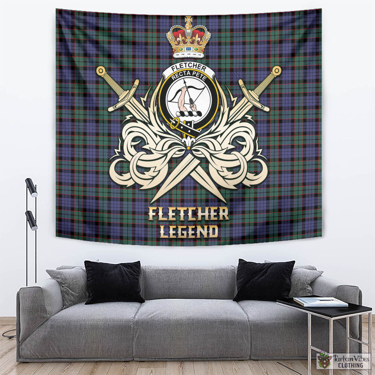 Tartan Vibes Clothing Fletcher Modern Tartan Tapestry with Clan Crest and the Golden Sword of Courageous Legacy