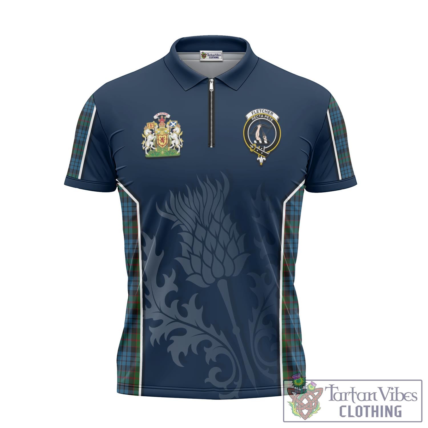 Tartan Vibes Clothing Fletcher of Dunans Tartan Zipper Polo Shirt with Family Crest and Scottish Thistle Vibes Sport Style