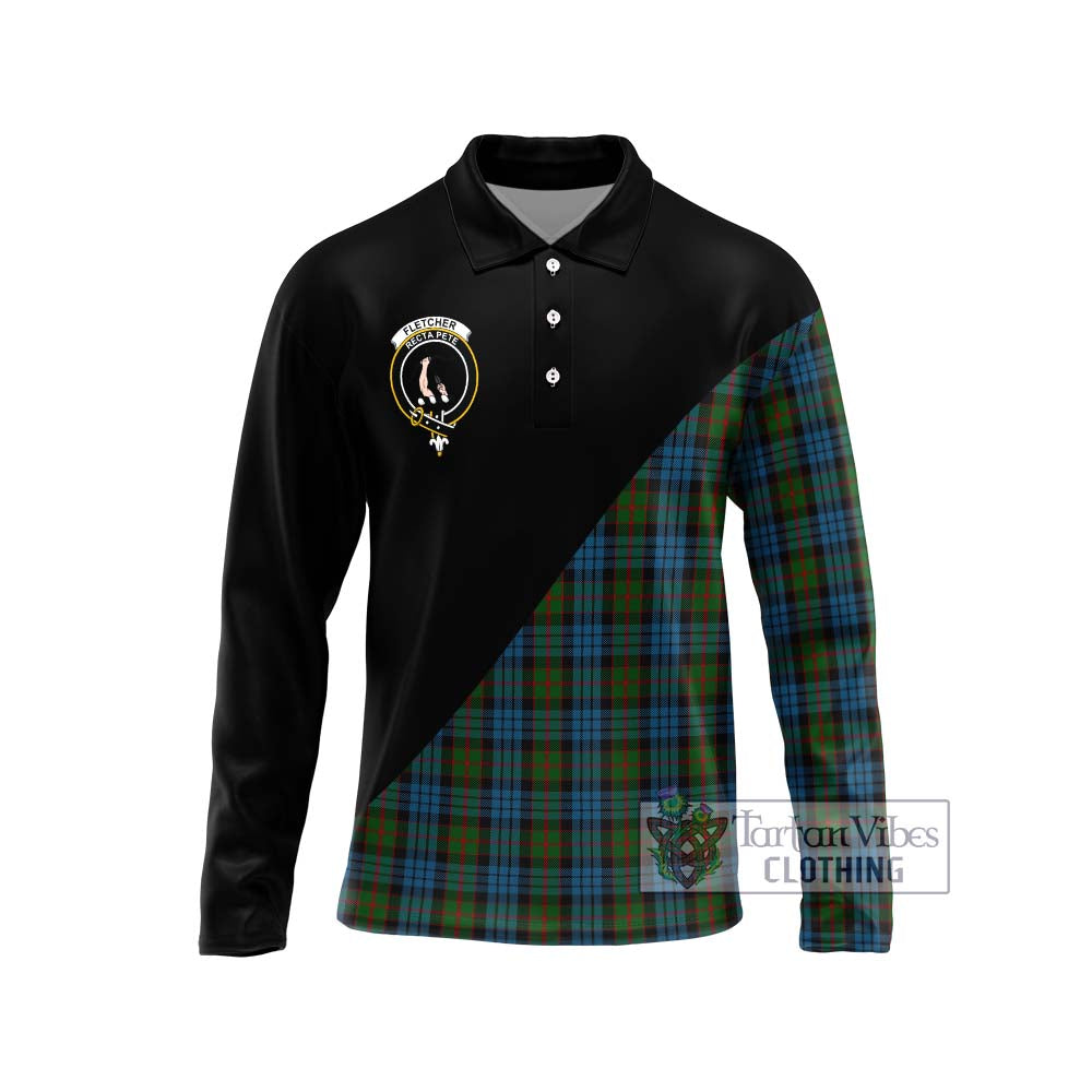 Fletcher of Dunans Tartan Long Sleeve Polo Shirt with Family Crest and Military Logo Style Unisex - Tartanvibesclothing Shop