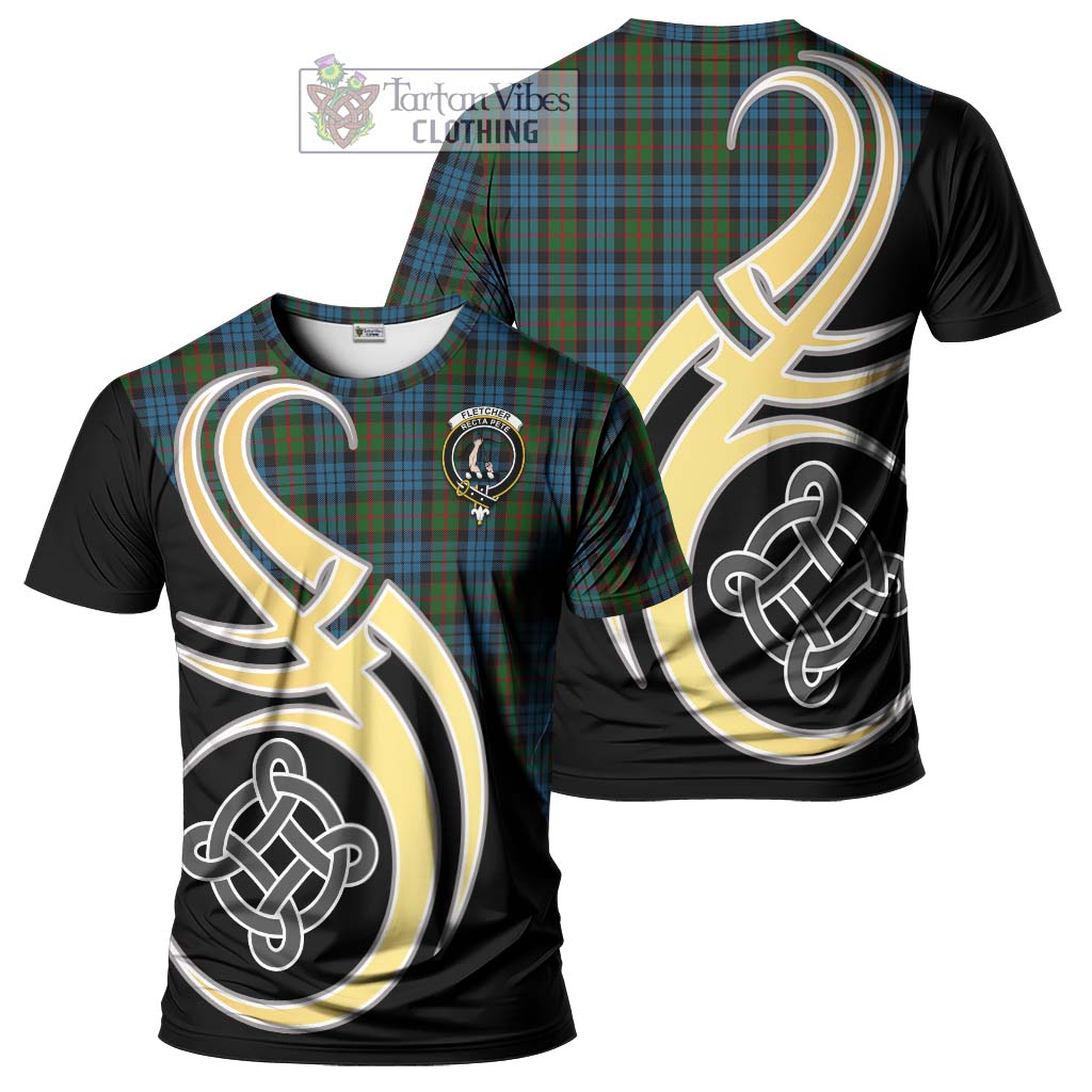 Tartan Vibes Clothing Fletcher of Dunans Tartan T-Shirt with Family Crest and Celtic Symbol Style