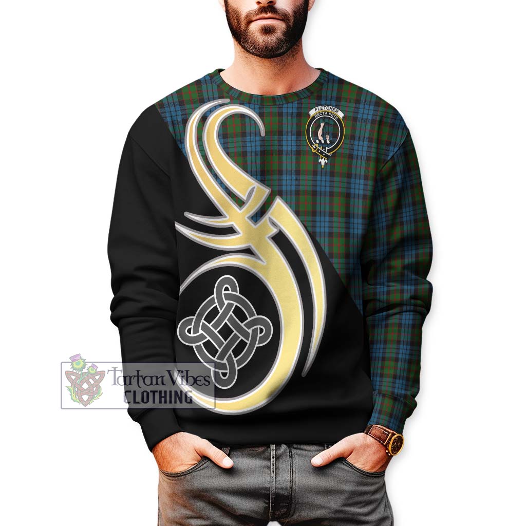 Tartan Vibes Clothing Fletcher of Dunans Tartan Sweatshirt with Family Crest and Celtic Symbol Style