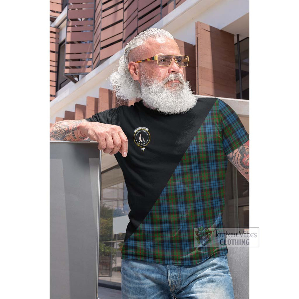 Tartan Vibes Clothing Fletcher of Dunans Tartan Cotton T-shirt with Family Crest and Military Logo Style