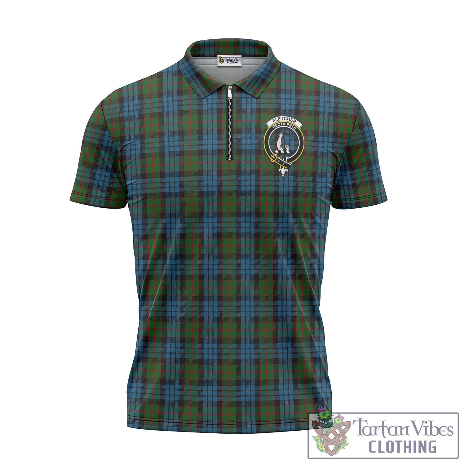 Tartan Vibes Clothing Fletcher of Dunans Tartan Zipper Polo Shirt with Family Crest