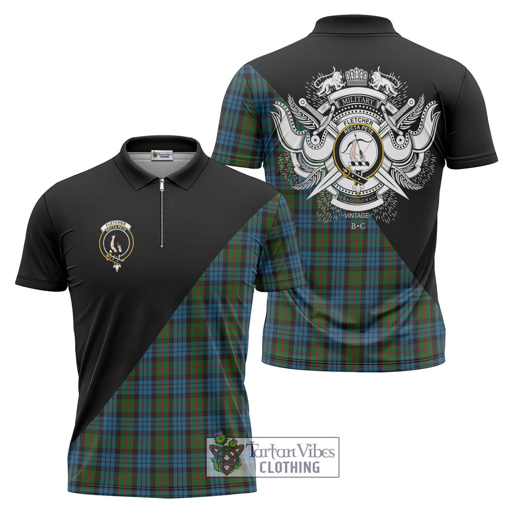 Fletcher of Dunans Tartan Zipper Polo Shirt with Family Crest and Military Logo Style Unisex - Tartanvibesclothing Shop