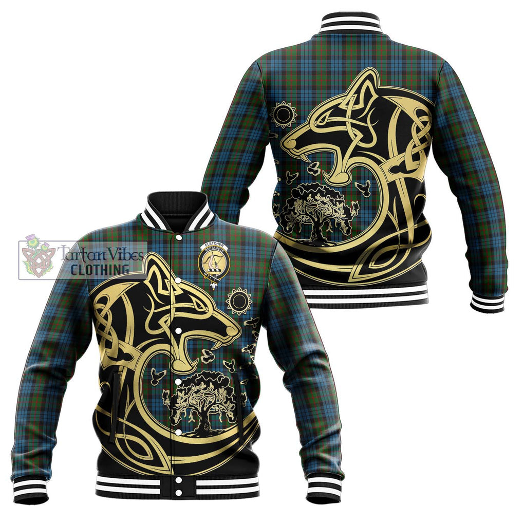 Fletcher of Dunans Tartan Baseball Jacket with Family Crest Celtic Wolf Style Unisex - Tartan Vibes Clothing