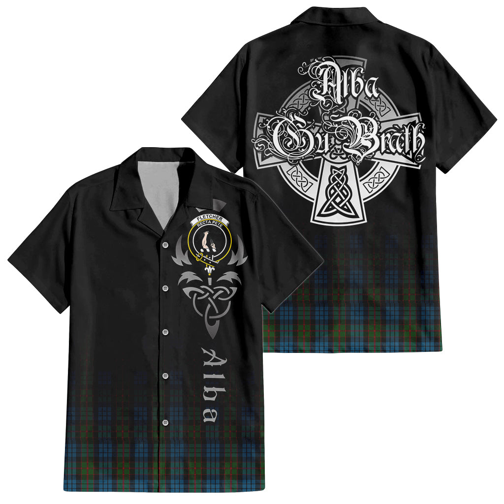 Tartan Vibes Clothing Fletcher of Dunans Tartan Short Sleeve Button Up Featuring Alba Gu Brath Family Crest Celtic Inspired