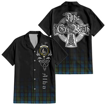 Fletcher of Dunans Tartan Short Sleeve Button Up Shirt Featuring Alba Gu Brath Family Crest Celtic Inspired