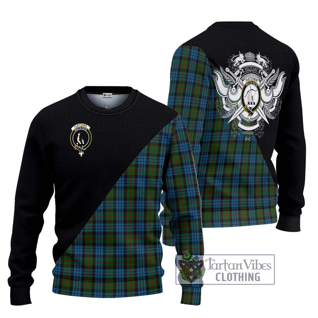 Fletcher of Dunans Tartan Knitted Sweater with Family Crest and Military Logo Style Unisex - Tartanvibesclothing Shop