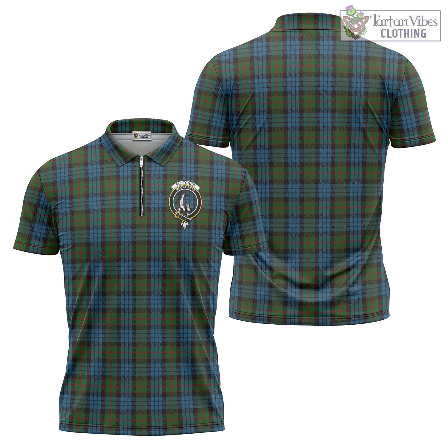 Tartan Vibes Clothing Fletcher of Dunans Tartan Zipper Polo Shirt with Family Crest