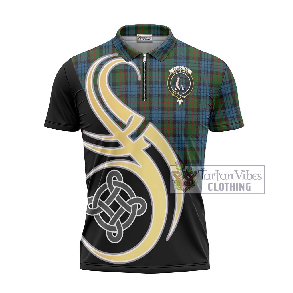 Tartan Vibes Clothing Fletcher of Dunans Tartan Zipper Polo Shirt with Family Crest and Celtic Symbol Style