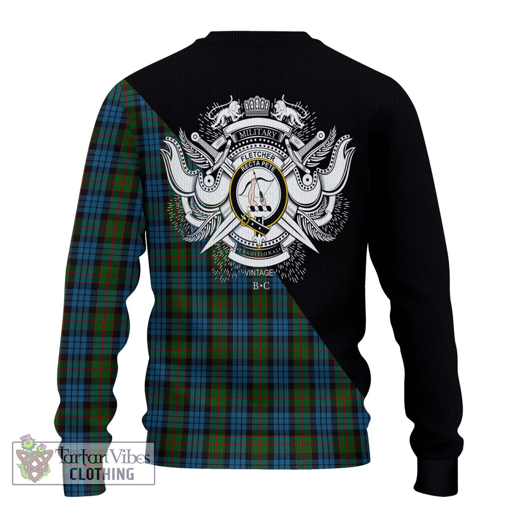 Fletcher of Dunans Tartan Knitted Sweater with Family Crest and Military Logo Style - Tartanvibesclothing Shop