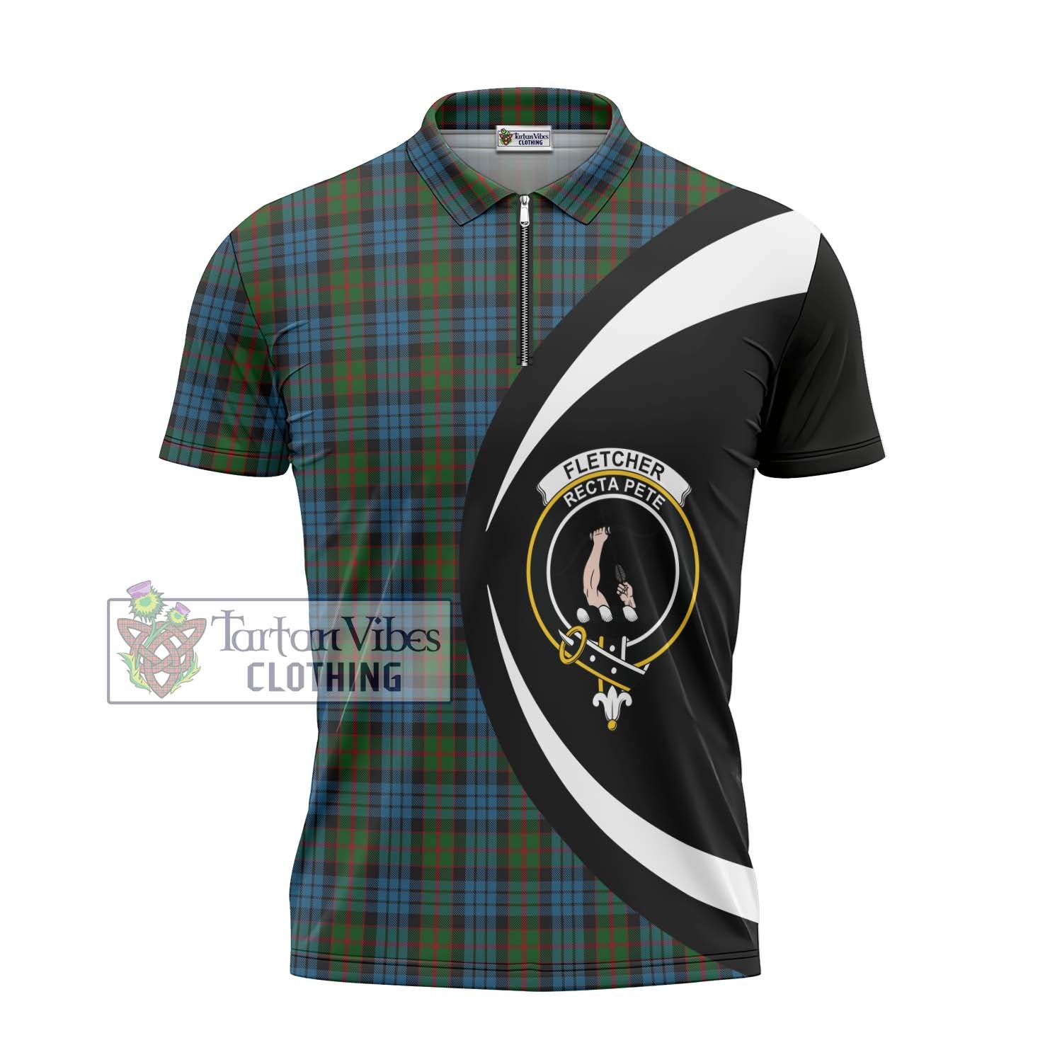 Tartan Vibes Clothing Fletcher of Dunans Tartan Zipper Polo Shirt with Family Crest Circle Style