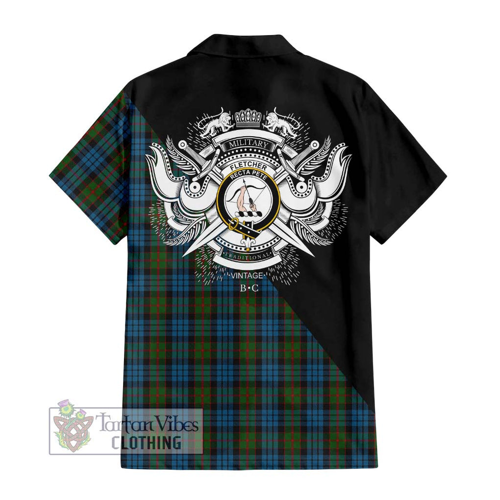 Fletcher of Dunans Tartan Short Sleeve Button Shirt with Family Crest and Military Logo Style - Tartanvibesclothing Shop