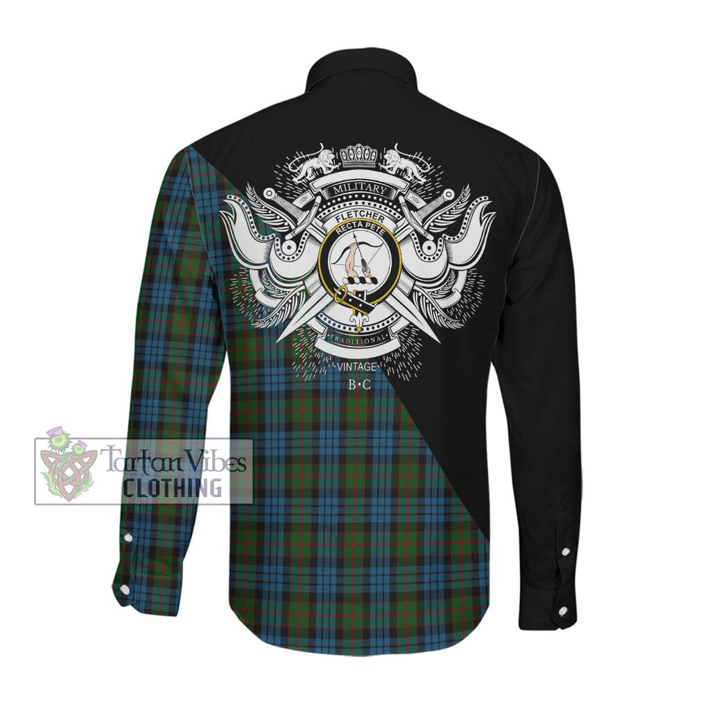 Fletcher of Dunans Tartan Long Sleeve Button Shirt with Family Crest and Military Logo Style Men's Shirt - Tartanvibesclothing Shop