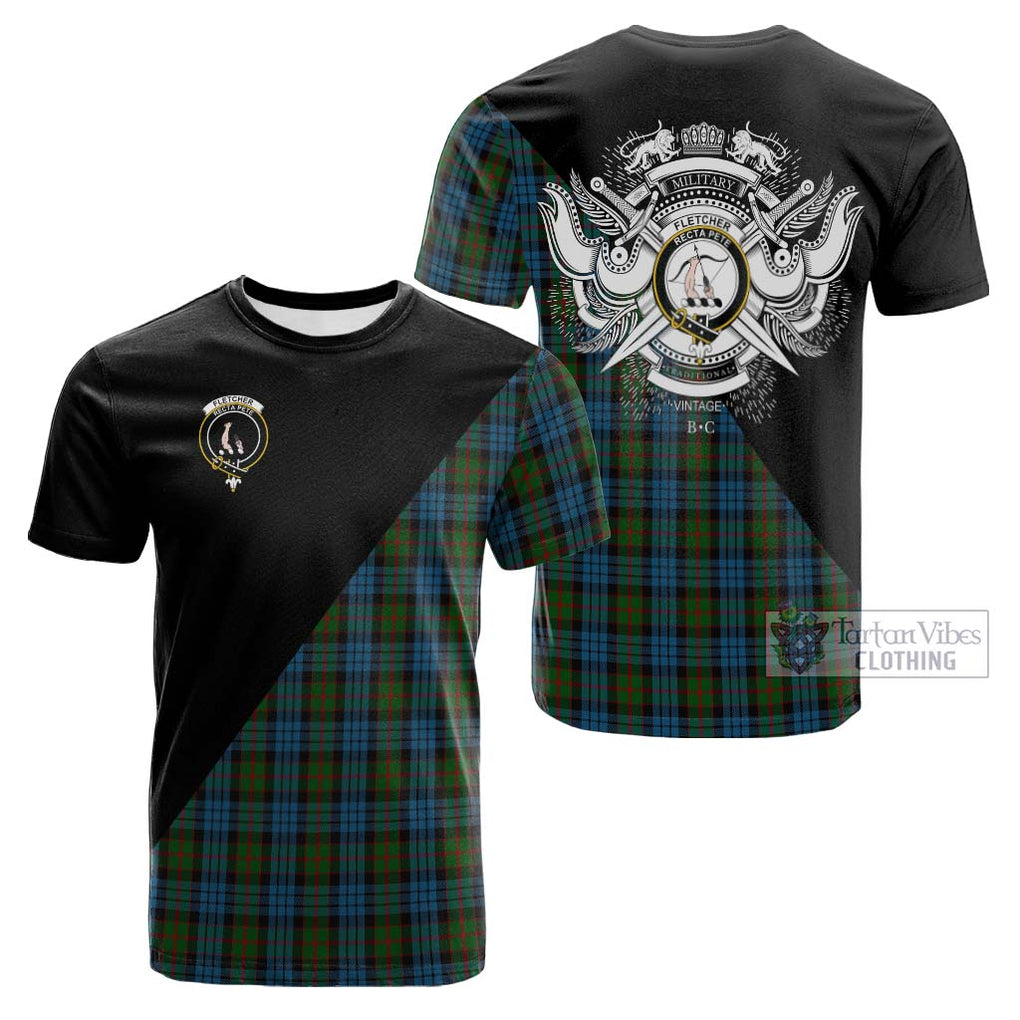 Tartan Vibes Clothing Fletcher of Dunans Tartan Cotton T-shirt with Family Crest and Military Logo Style