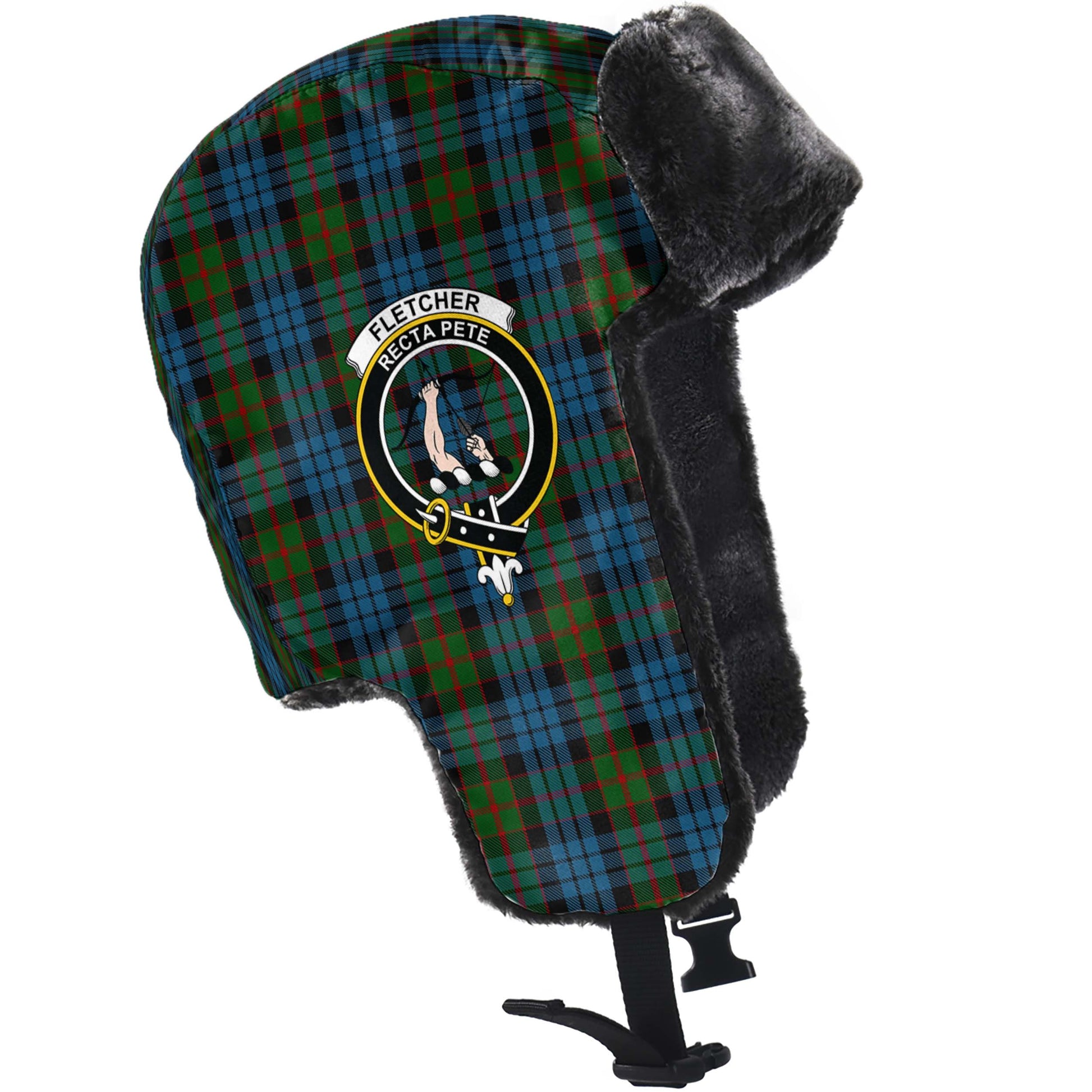 Fletcher of Dunans Tartan Winter Trapper Hat with Family Crest - Tartanvibesclothing