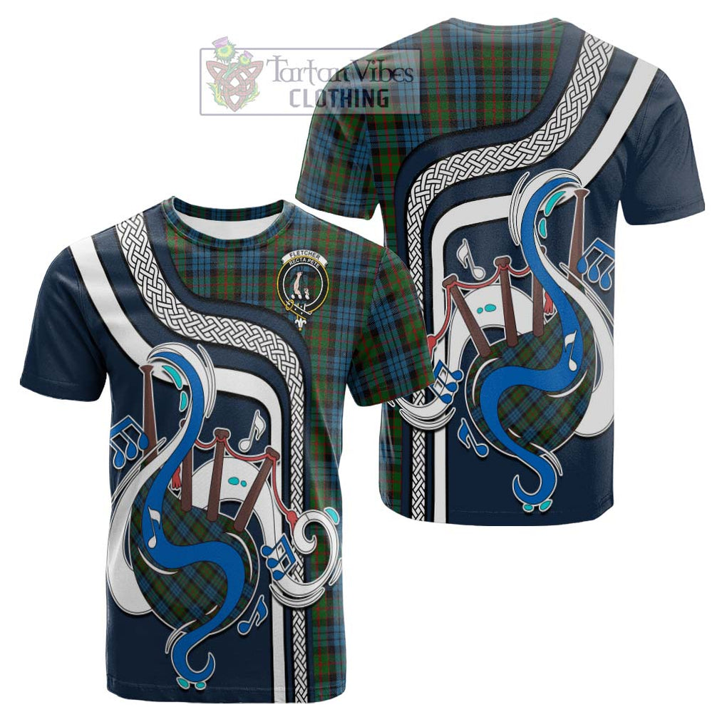 Tartan Vibes Clothing Fletcher of Dunans Tartan Cotton T-shirt with Epic Bagpipe Style