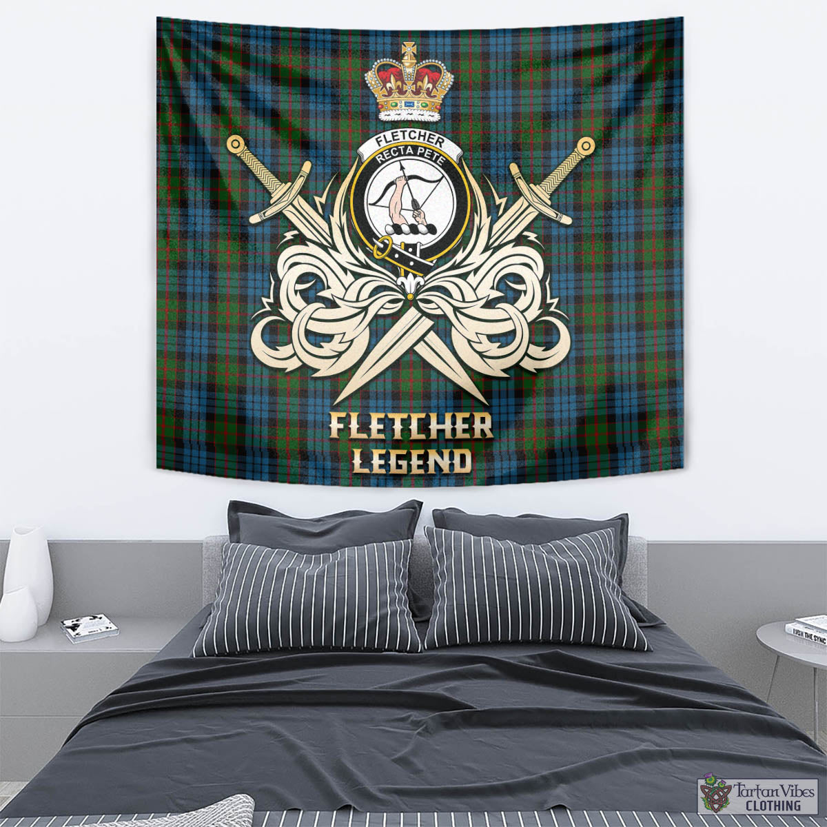 Tartan Vibes Clothing Fletcher of Dunans Tartan Tapestry with Clan Crest and the Golden Sword of Courageous Legacy